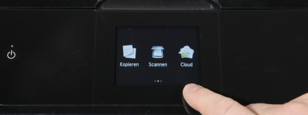 Canon Pixma MG7150: Im Startbildschirm zeigt Canon die Funktionen "Kopieren", "Scannen" und "Cloud".