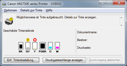 Canon Pixma MG7550 Screnshot Tinte leer
