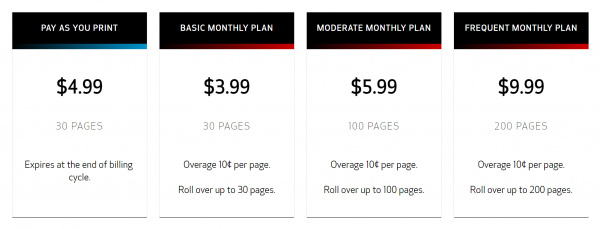 Tarifstruktur: Monatliche Kosten von vier bis zehn Dollar oder zeitlich unbegrenzter Tarif für jeweils 30 gedruckter Seiten.