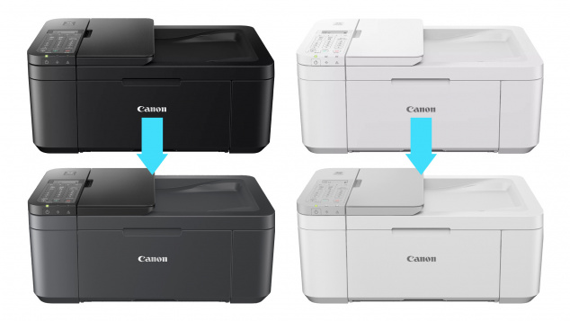 Canon Pixma TR4750i-Serie: Oben die "alten" Modelle TR4750i und TR4751i (weiß) und unten die Nachfolger TR4755i und TR4756i mit leichten Akzenten.