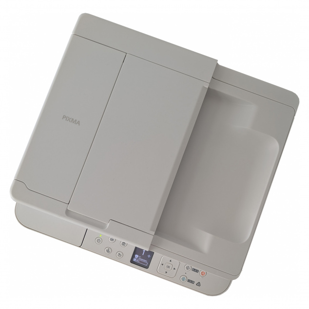 Draufsicht: Kompakter Tintendrucker im schlichten aber praktischen Design.