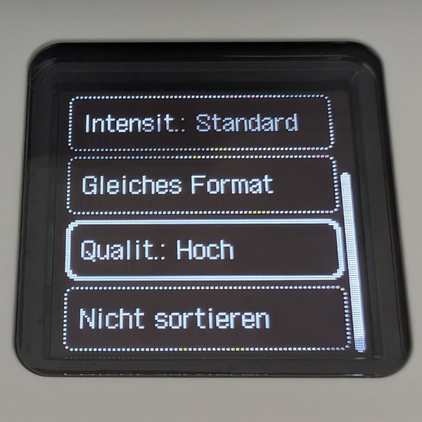 Kopieren Untermenü 2: Die Qualität lässt sich erhöhen und auch eine Verkleirung (2 auf 1 oder 4 auf 1) aktivieren.