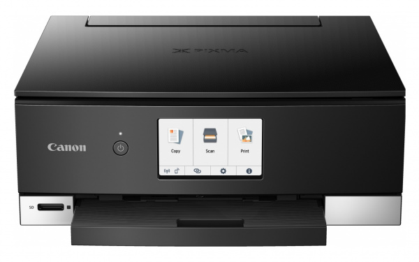 Pixma TS8350: Foto-Multifunktionsdrucker mit großem Display und DVD/Blueray-Druck. In der Abbildung mit herausgezogener Papierkassette für A4.
