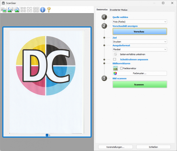 Canon Scangear "Basisversion": Vereinfachte Ansicht mit den wesentlichen Funktionen in einer übersichtlichen Darstellung.