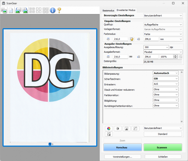 Canon Scangear "erweiterte Version": Umsetzung mit allen Möglichkeiten.