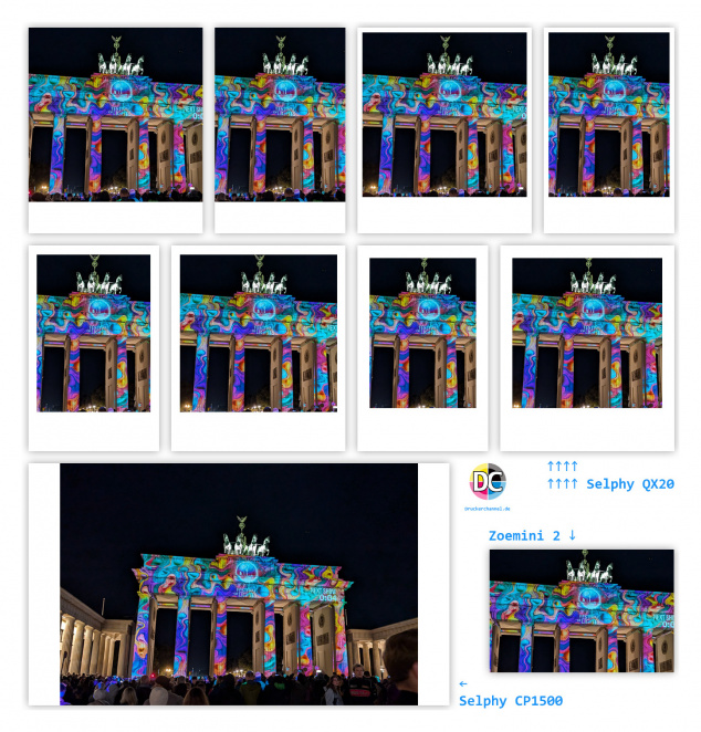 Druckformate: Mögliche Randeinstellungen mit XS- und XC-Papier. Die Ecken lassen sich zudem noch abrunden oder mehrere kleine Fotos auf einem Blatt unterbringen. Unten der CP1500 (mit Abreißstreichen) und der Zoemini 2 im Vergleich.