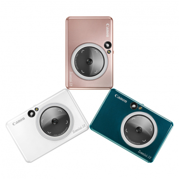 Canon Zoemini S2: Kamera mit integriertem Fotodrucker. Erhältlich in den Farben "Roségold" (oben), "Aquamarin" (rechts) und "Perlweiß" (links).