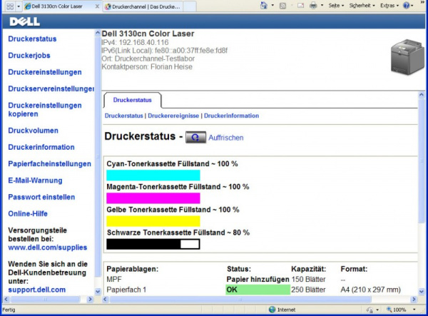 Webserver im Dell 3130cn: Gibt unter anderem Auskunft über die ungefähren Tonerfüllstände.