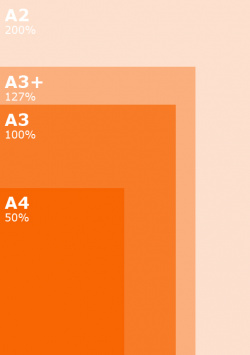 A4 bis A2: Din-Formate und das nicht normierte A3+ im Vergleich. A3 ist hier mit 100% als Referenz angegeben.