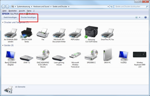 Drucker hinzufügen: Windows 7 verwaltet alle Peripheriegeräte in einem zentralen Fenster. Hier ist auch der Netwzerkdrucker hinzuzufügen.