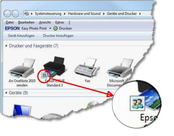 Einer für alle: Das kleine Gruppen-Symbol links unten am Drucker-Icon zeigt an, dass dieses Gerät für andere Netzteilnehmer freigegeben ist.