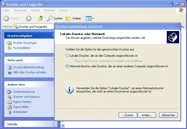 Hilfreich: Ein Assistent führt unter Windows XP durch die Druckereinrichtung. Als erstes gibt man an, dass es um einen Netzwerkdrucker geht.
