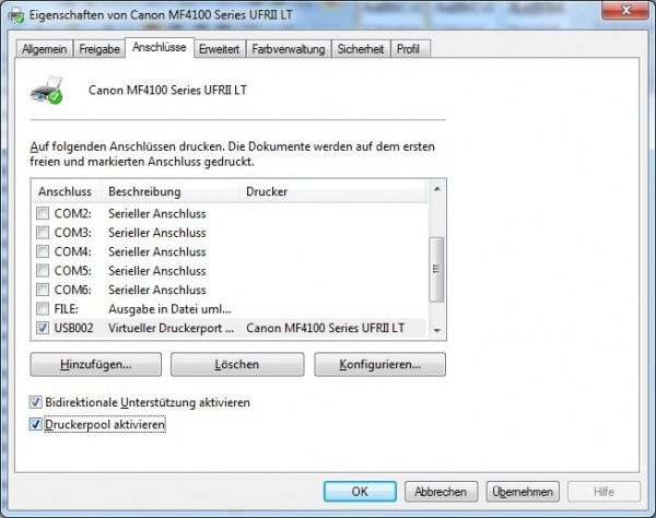 Druckerpool aktivieren: Bei USB- und Netzwerkdruckern müssen Sie dieses Kontrollkästchen anklicken.