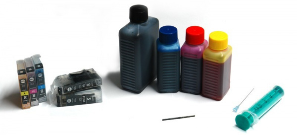 What you need: Empty cartridges, drill (2 mm), syringe, cannula and ink.