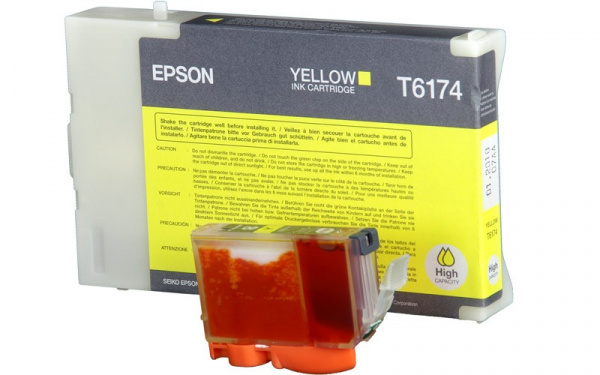 Größenvergleich Canon/Epson: Vorne eine Canon CLI-Patrone, hinten eine Epson-T6174-Kartusche.