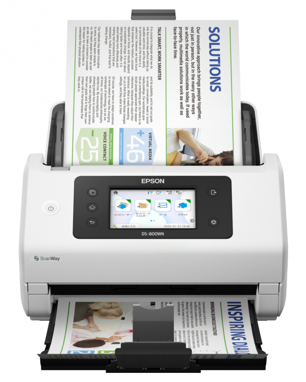 Epson Workforce DS-800WN: Weitgehend baugleich, jedoch mit einer reduzierten Geschwindigkeit von 50 ppm (100 ipm) für bis zu 8.000 Seiten je Arbeitstag.