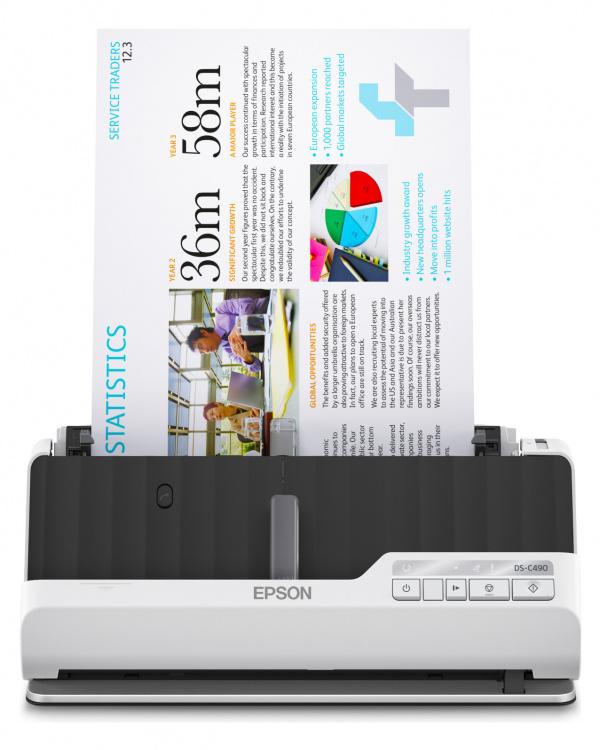 Epson DS-C490: Besonders kompakter Dokumentenscanner für kleinere Büros mit Ultraschallsensor und einer Scanngeschwindigkeit bis zu 40 ppm oder 80 ipm in Duplex.