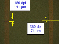 Bisheriger Druckkopf: Durch den Verbund von zwei Düsenreihen konnte eine Dichte von 180 dpi (oder 360 dpi bei zwei versetzen Reihen) erreicht werden.
