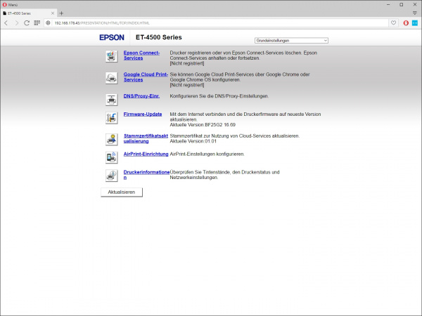 Epson: Startseite des Webservers mit optischen Mängeln.