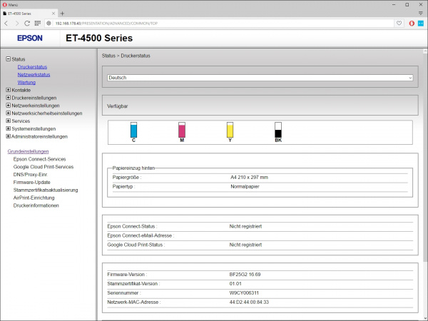 Epson: Infos zum Druckerstatus.