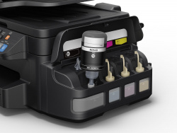 Epson Ecotank-Drucker: Tinte wird über feste Tanks am Gerät zum Druckkopf geführt. Diese können einfach nachgefüllt werden.