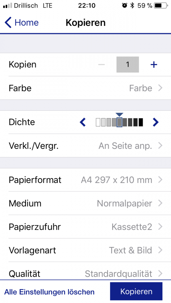 Kopieren: Epson hat die einzige App, die auch kopieren kann. Das kann man am Touchscreen aber auch erledigen.