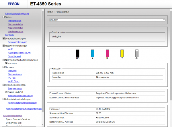 Epson EcoTank ET-4850-Webserver: Basisansicht nach Anmeldung mit erweiterten Einstellungen