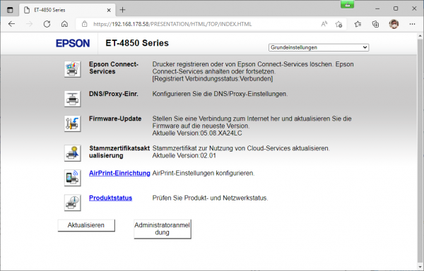Epson EcoTank ET-4850 Webserver: Basisansicht ohne Anmeldung