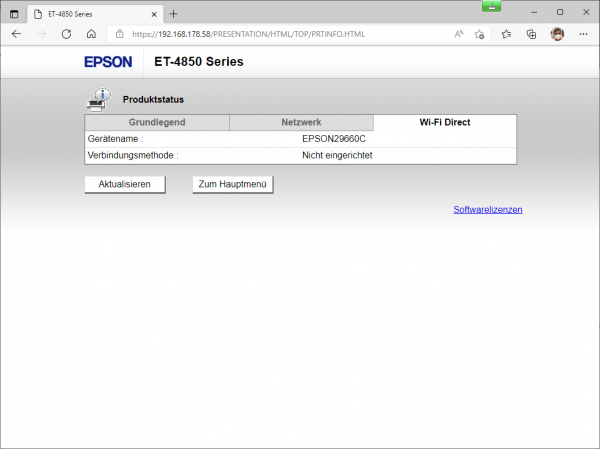 Epson EcoTank ET-4850 Webserver: Status Wi-Fi Direct