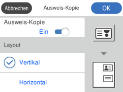 Kopiermenü: Einstellungen, die Ausweiskopie.
