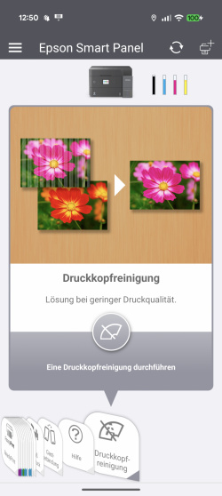 Druckkopfreinigung: Auslösung einer Düsenreinigung mit anschließendem Druck einer Testseite.