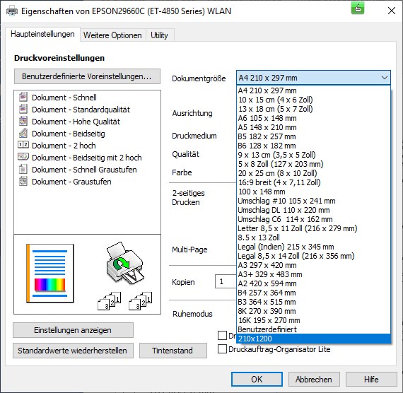 Epson ET-4850-Druckertreiber-02-Haupteinstellungen-Dokumentgrößen
