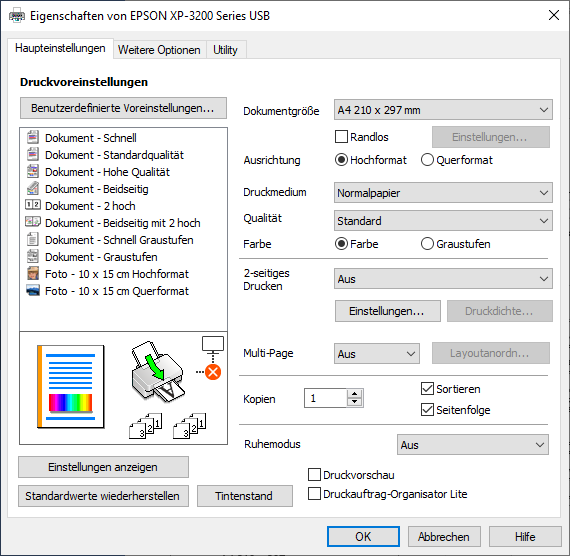 Epson Expression Home XP-3200 Druckertreiber: Haupteinstellungen
