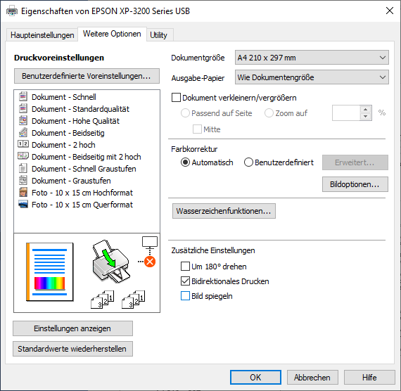 Epson Expression Home XP-3200 Druckertreiber: Weitere Optionen, Hauptbildschirm.