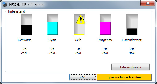 Epson Expression Premium XP-720 Screnshot Tinte leer