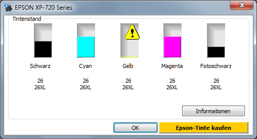 Epson Expression Premium XP-720: Grundsätzlich lässt sich mit einer als leer deklarierten Patrone nicht weiterdrucken. Für einen undefinierten Übergangszeitraum kann man bei einer leeren Farbpatrone jedoch kurzzeitig allein mit Schwarz weiterdrucken.