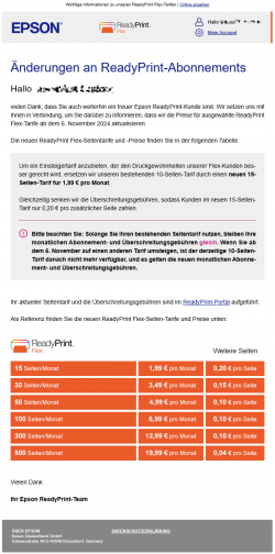 Ankündigung: Aktualisierung der ReadyPrint-Tarife.