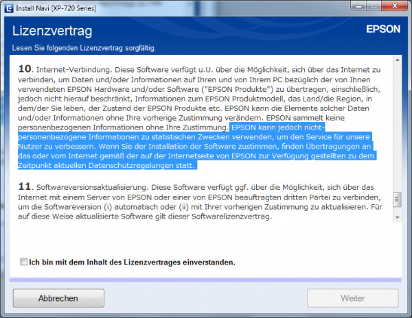 Epson: Dem Epson-Lizenzvertrag muss man vor der Installation zustimmen. Dadurch erlaubt man, dass Epson Daten übertragen darf - welche das sind, ist nicht bekannt.