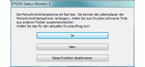 Farben mischen: Bei niedrigem Tintenstand bietet der Statusmonitor Möglichkeiten zur Verlängerung der Reichweite an.