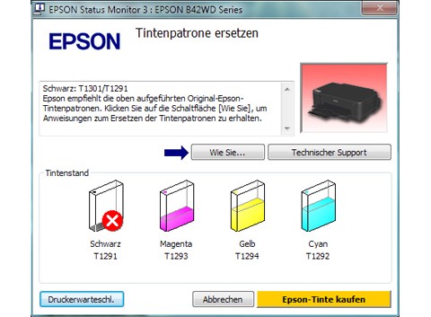 Nichts geht mehr: Sobald eine Patrone aufgebraucht ist, stellt der Epson seinen Dienst ein.