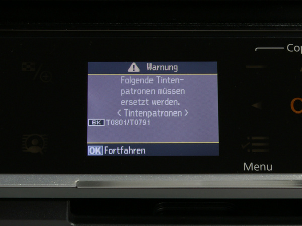 Epson PX720WD/PX820FWD: Tintenpatrone muss ersetzt werden - weiterdrucken nicht möglich.