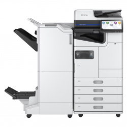 Externe Finisher: Der Workforce Enterprise AM-M5500 mit sämtlichen Finisher-Optionen. Die Großraumkassette (LCT) ist nicht dargestellt.