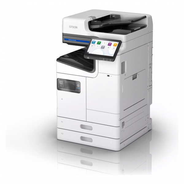 Epson Workforce Enterprise AM-M5500: Kopierer auf Tintenbasis mit seitenbreitem A3-Druckkopf. Im A4-Modus druckt das S/W-Gerät bis zu 55 Seiten je Minute. Abgesehen von den fehlenden Farben und der größeren Schwarzkartusche gibt es kaum Unterschiede zur AM-C-Serie.
