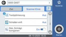 Einstellmöglichkeiten 4/6: Textoptimierung, Schatten entfernen und Dokumentenschräglage korrigieren.