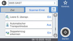 Einstellmöglichkeiten 5/6: Leere Seiten überspringen, automatischer Transportmodus und Doppeleinzug erkennen.