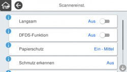 Scanner-Optionen 1/2: Langsam, DFDS-Funktion (Doppeleinzugserkennung einmalig deaktivieren), Papiershcutz und Schmutzerkennung.