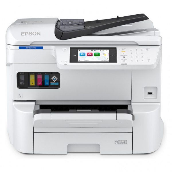 Epson Workforce Pro EM-C7100DWF: Pigmenttinten-Multifunktionsmodell bis A3 mit Option auf bis zu 4 Kassetten und großen Tintenpatronen für bis zu 11.500 Seiten Reichweite in S/W und 8.000 Seiten je Farbe.