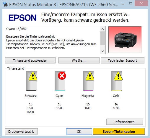 Epson: Ohne den Austausch der Tintenpatrone kann nicht mehr gedruckt werden...