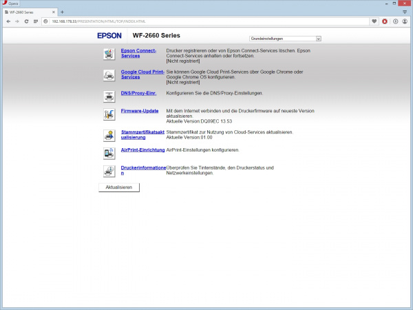 Epson: Startseite des Webservers.