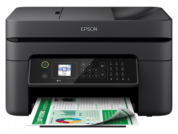 Epson Workforce WF-2840DWF und WF-2845DWF: Modell mit Simplex-ADF und Fax. Die Schwarztinte ist pigmentiert und wischfest. Blätter können automatisch doppelseitig bedruckt werden.
